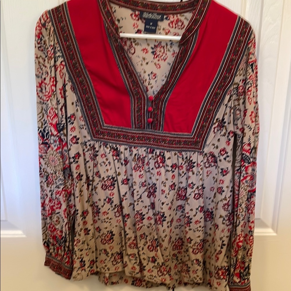Lucky Brand Red and Cream Floral Peasant Top